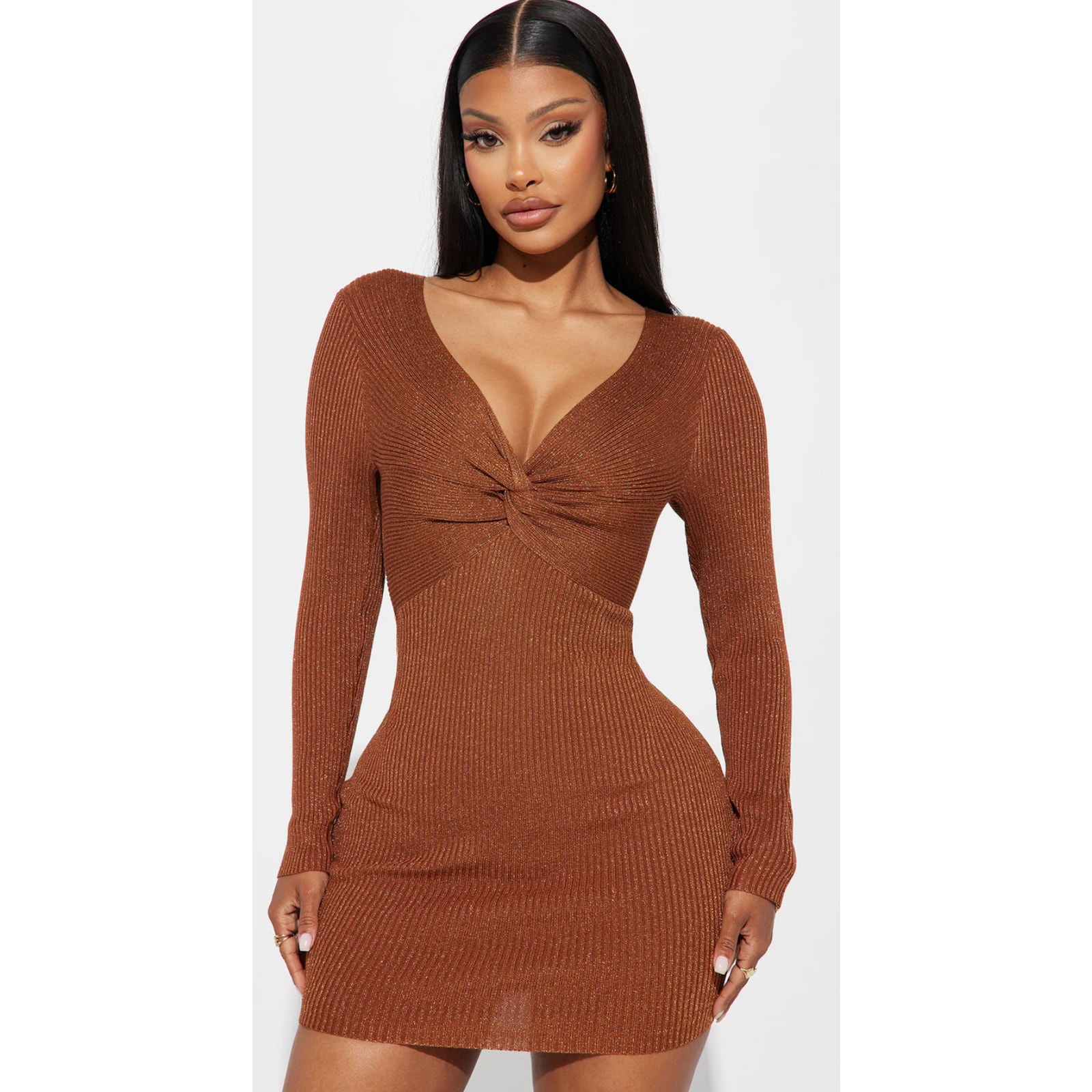 Fashion Nova - Women's Ahna Metallic Rust L/S Ribbed Mini Dress - Sz S - Nwt